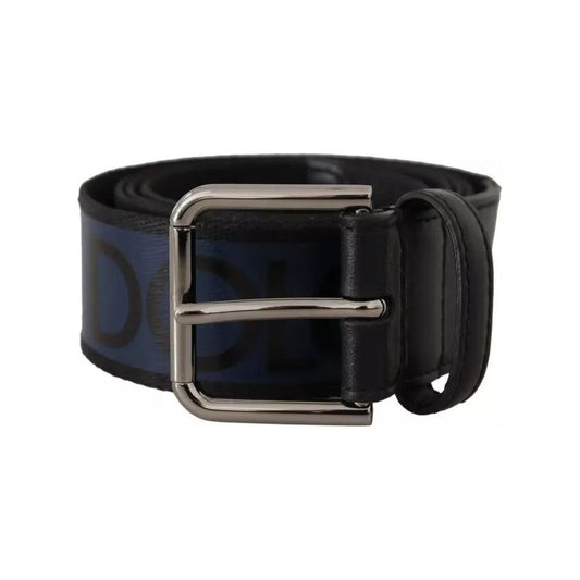 Dolce & Gabbana Blue Black Logo Print Silver Buckle Belt