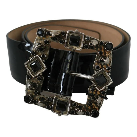 Dolce & Gabbana Black Shiny Leather Crystal Logo Buckle Belt