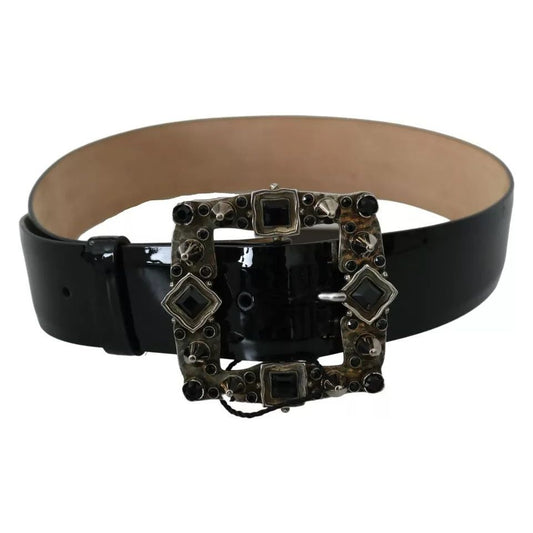 Dolce & Gabbana Black Shiny Leather Crystal Logo Buckle Belt