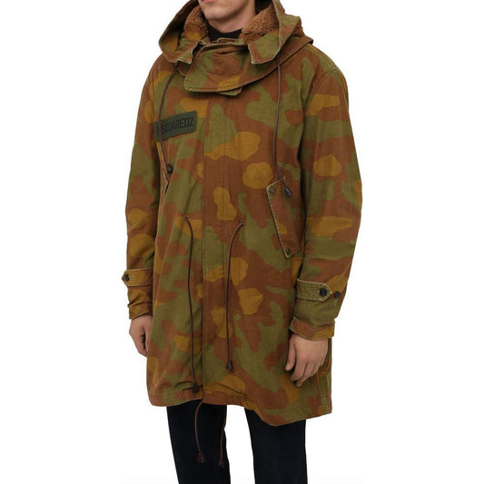 Dsquared² Camo Textured Hooded Parka with Leather Details Dsquared² Saddle Brown