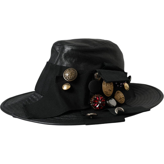 Dolce & Gabbana Black Leather DG Coin Crystal Wide Brim Hat Dolce & Gabbana Black