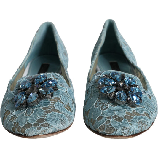 Dolce & Gabbana Blue Lace Crystal Ballet Flats Loafers Shoes Dolce & Gabbana Dim Gray