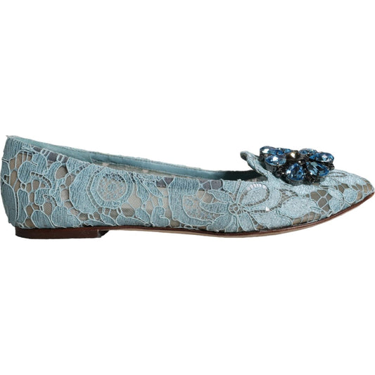 Dolce & Gabbana Blue Lace Crystal Ballet Flats Loafers Shoes Dolce & Gabbana Light Slate Gray