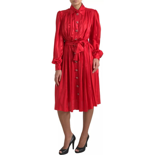 Dolce & Gabbana Elegant Red Silk Midi Dress with Button Detail Dolce & Gabbana Brown