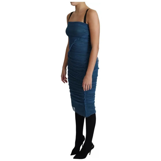 Dolce & Gabbana Blue Draped Tulle Midi Sheath Cotton Dress Dolce & Gabbana Rosy Brown