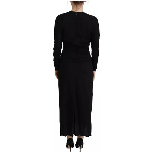 Dolce & Gabbana Black Sheath Midi Gown Wool Wrap Dress Dolce & Gabbana Black