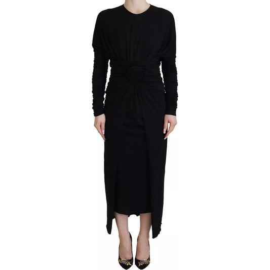 Dolce & Gabbana Black Sheath Midi Gown Wool Wrap Dress Dolce & Gabbana Black