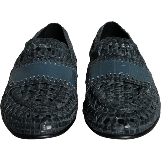 Dolce & Gabbana Blue Woven Leather Slip On Loafers Men Shoes Dolce & Gabbana Dark Slate Gray