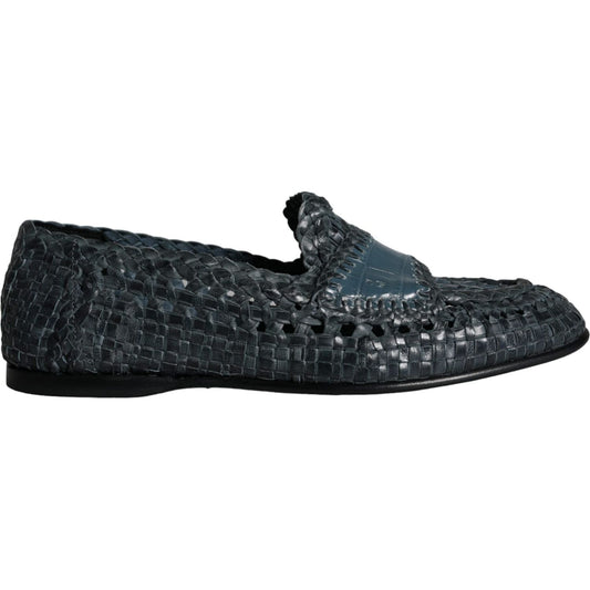 Dolce & Gabbana Blue Woven Leather Slip On Loafers Men Shoes Dolce & Gabbana Dark Slate Gray