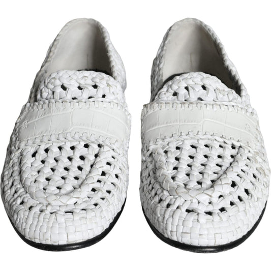 Dolce & Gabbana White Woven Leather Slip On Loafers Men Shoes Dolce & Gabbana