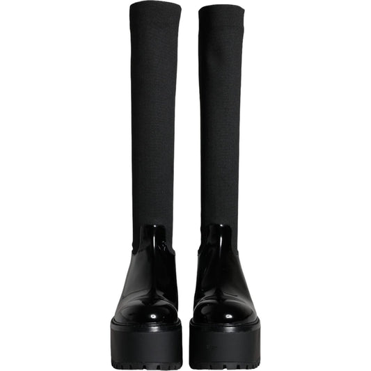 Dolce & Gabbana Black Leather Jersey Knee High Boots Shoes Dolce & Gabbana Black