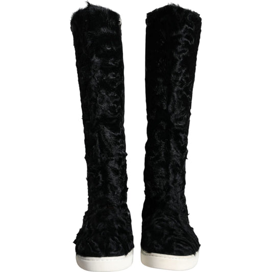 Dolce & Gabbana Black Xiangao Lamb Fur Leather Boots Shoes Dolce & Gabbana Black
