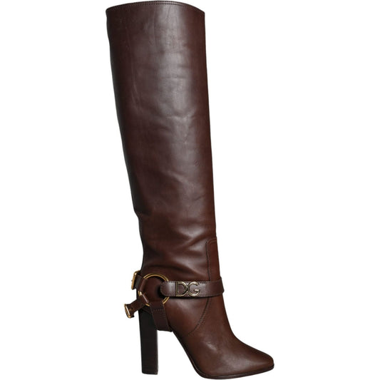 Dolce & Gabbana Brown Leather Gold Tone Logo High Boots Shoes Dolce & Gabbana Dark Slate Gray
