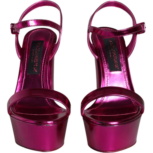 Dolce & Gabbana Fuchsia Leather Platform Logo Keira Sandals Shoes Dolce & Gabbana Dark Red