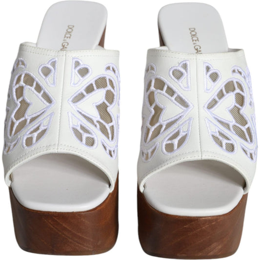 Dolce & Gabbana White Leather Wood Mules Wedge Slides Shoes Dolce & Gabbana Light Gray