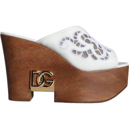 Dolce & Gabbana White Leather Wood Mules Wedge Slides Shoes Dolce & Gabbana Sienna