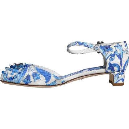 Dolce & Gabbana White Blue Majolica Print Ankle Strap Sandals Shoes