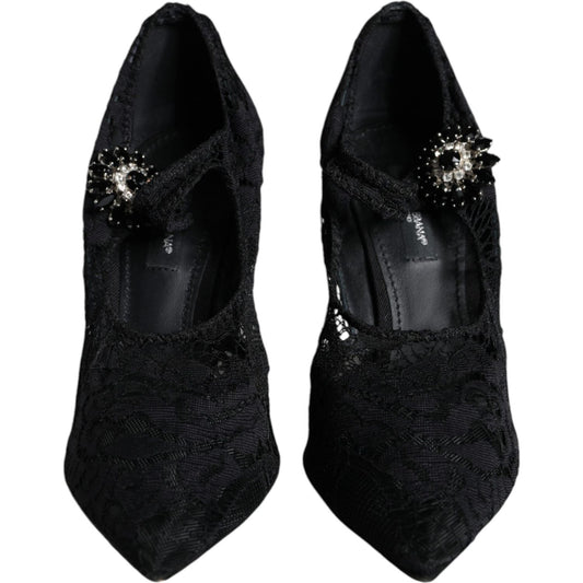 Dolce & Gabbana Black Mary Jane Pumps Lace Crystals Heels Shoes Dolce & Gabbana Black