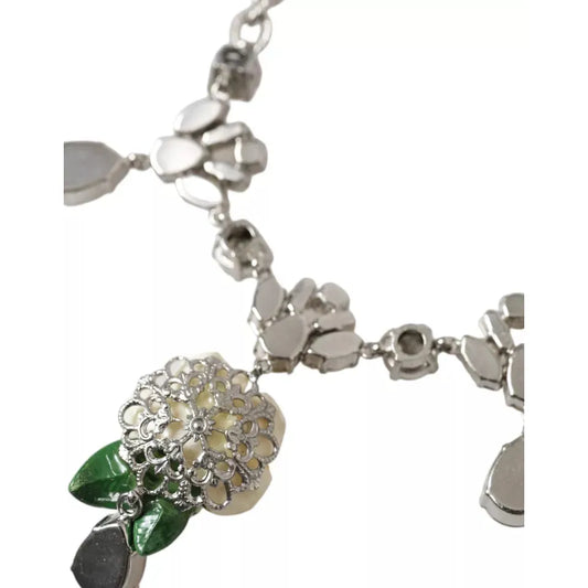 Dolce & Gabbana Silver Brass Clear Crystal Roses Pendants Necklace Necklace Dolce & Gabbana Rosy Brown