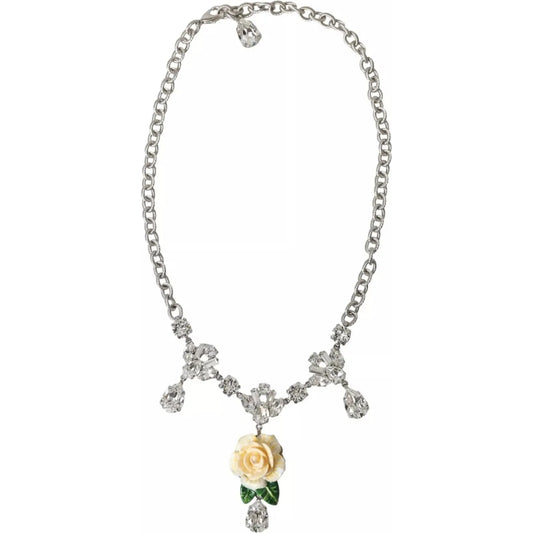 Dolce & Gabbana Silver Brass Clear Crystal Roses Pendants Necklace Necklace Dolce & Gabbana Gray