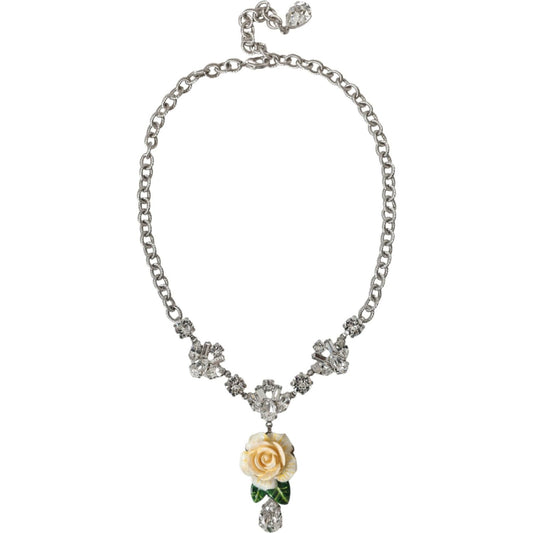 Dolce & Gabbana Silver Brass Clear Crystal Roses Pendants Necklace Necklace Dolce & Gabbana Dark Gray
