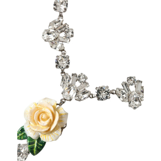 Dolce & Gabbana Silver Brass Clear Crystal Roses Pendants Necklace Necklace Dolce & Gabbana Gray