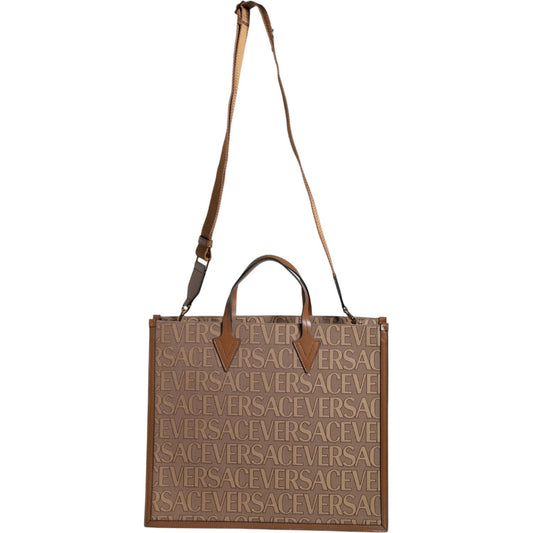 Versace Brown Top Handle Jacquard Leather Logo Crossbody Tote Bag Versace Dim Gray