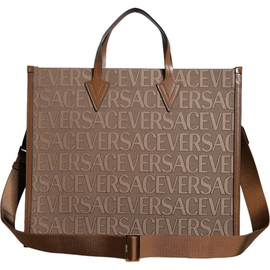 Versace Brown Top Handle Jacquard Leather Logo Crossbody Tote Bag Versace Dim Gray