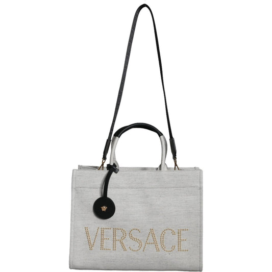Versace White Top Handle Canvas Leather Logo Crossbody Tote Bag Versace Gray