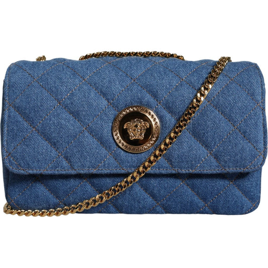 Versace Blue Quilted Denim Leather Crossbody Shoulder Bag Versace Dark Slate Blue