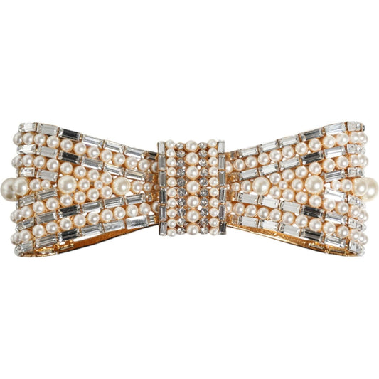 Dolce & Gabbana Gold Tone Brass Bow Crystal FauxPearl Embellished Brooch Brooch Dolce & Gabbana Gray