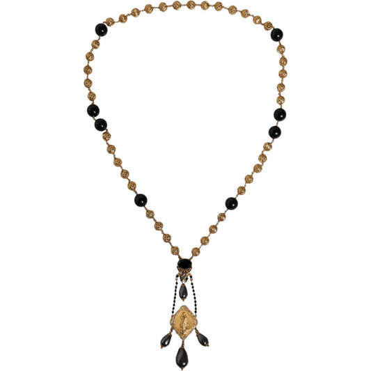 Dolce & Gabbana Gold Chain Brass Black Beaded Rosary Style Necklace Necklace Dolce & Gabbana Dim Gray