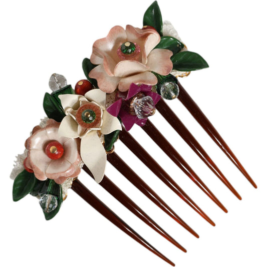 Dolce & Gabbana Brown Plastic Crystal Floral Women Hair Comb Dolce & Gabbana Tan
