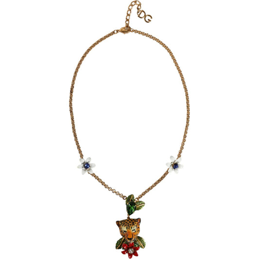 Dolce & Gabbana Gold Brass Leopard Flower Embellished Statement Necklace