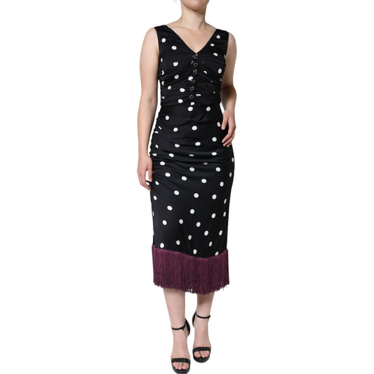 Dolce & Gabbana Black Silk Polka Dot V-neck Tassel Midi Dress Dolce & Gabbana Tan