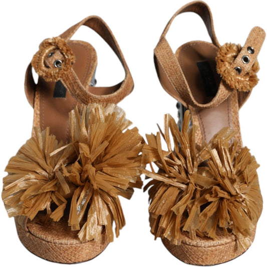 Dolce & Gabbana Brown Raffia Ankle Strap Crystal Sandals Shoes Dolce & Gabbana Sienna