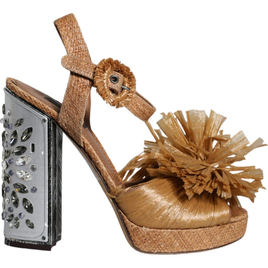 Dolce & Gabbana Brown Raffia Ankle Strap Crystal Sandals Shoes Dolce & Gabbana Dim Gray