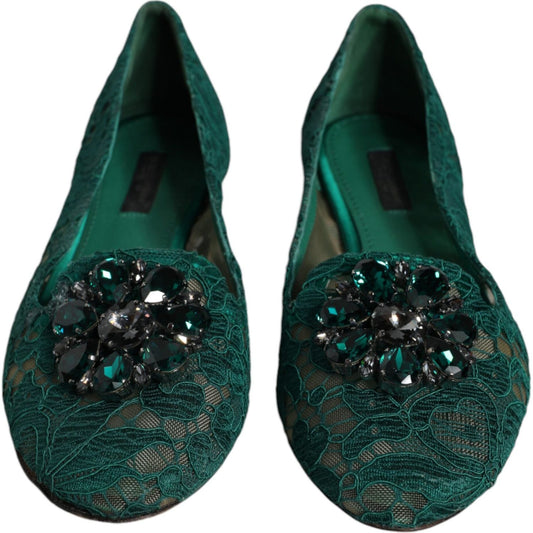 Dolce & Gabbana Green Lace Crystal Ballet Flats Loafers Shoes Dolce & Gabbana Dark Slate Gray