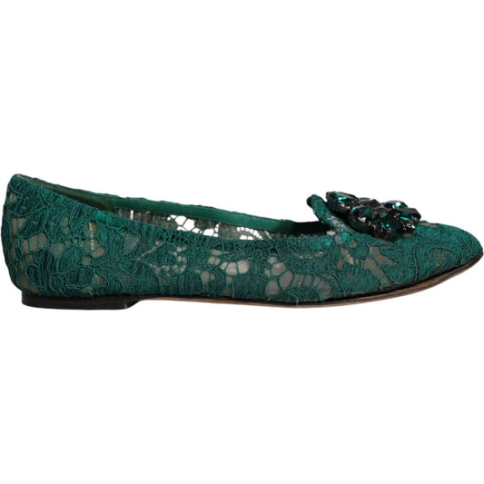 Dolce & Gabbana Green Lace Crystal Ballet Flats Loafers Shoes Dolce & Gabbana Dark Slate Gray