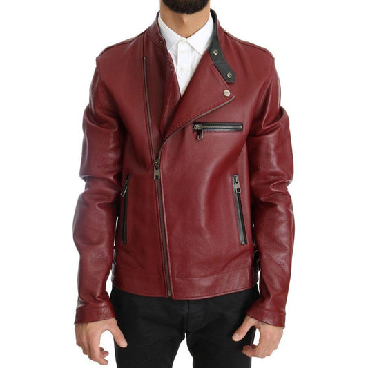 Dolce & Gabbana Radiant Red Leather Biker Motorcycle Jacket Coats & Jackets Dolce & Gabbana Saddle Brown