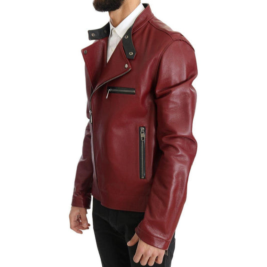 Dolce & Gabbana Radiant Red Leather Biker Motorcycle Jacket Coats & Jackets Dolce & Gabbana Saddle Brown
