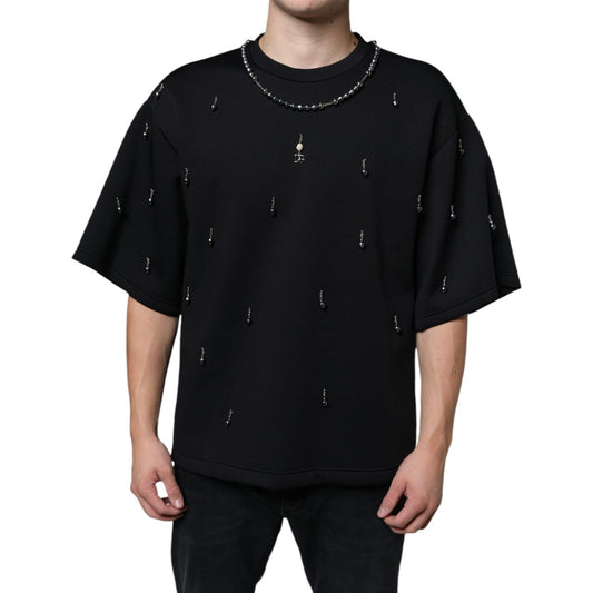 Dolce & Gabbana Black Polyester Necklace Embellished T-shirt Dolce & Gabbana Black
