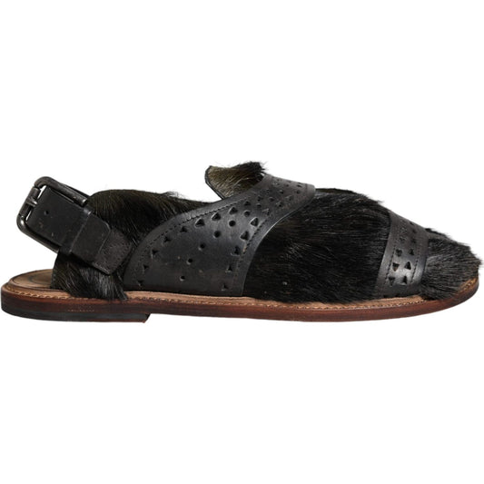 Dolce & Gabbana Black Gazelle Hair Leather Flats Sandals Shoes Dolce & Gabbana Dark Slate Gray