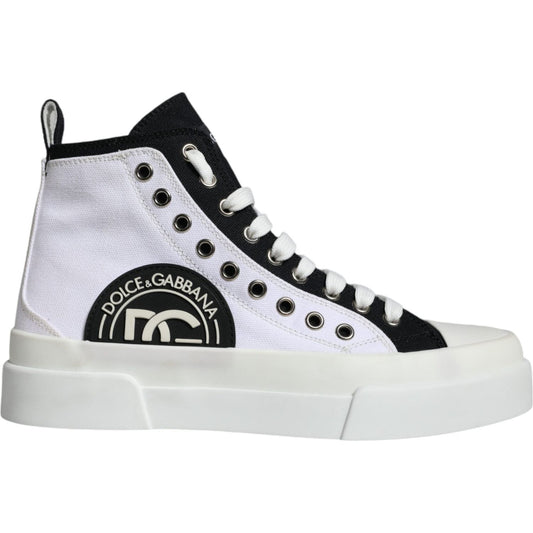 Dolce & Gabbana White Black Cotton Logo High Top Sneaker Shoes Dolce & Gabbana Light Gray
