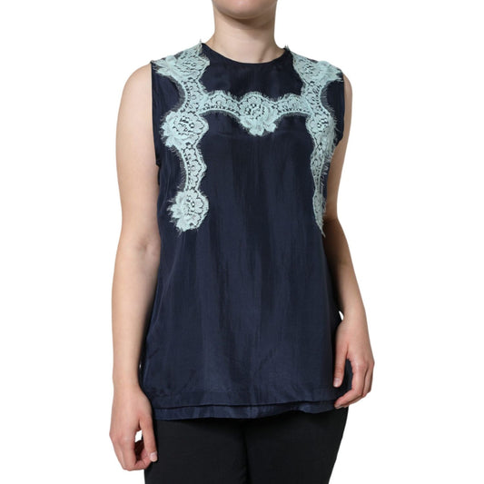 Dolce & Gabbana Blue Floral Lace Silk Sleeveless Tank Top Dolce & Gabbana Gray