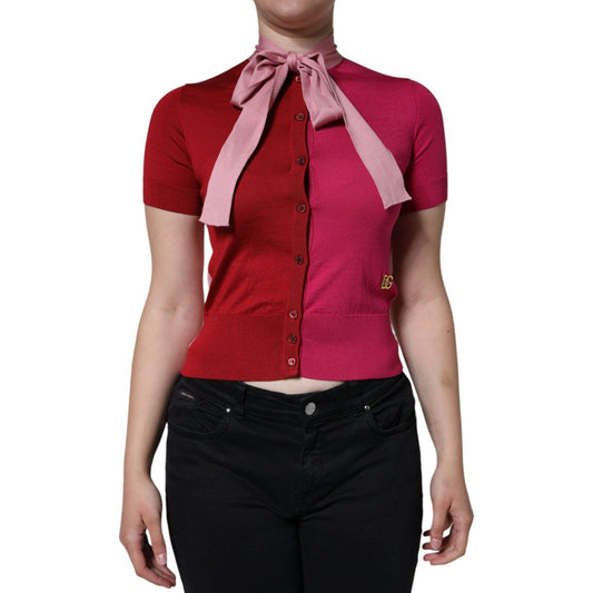 Dolce & Gabbana Pink Short Sleeves Pullover Ascot Collar Top Dolce & Gabbana Brown
