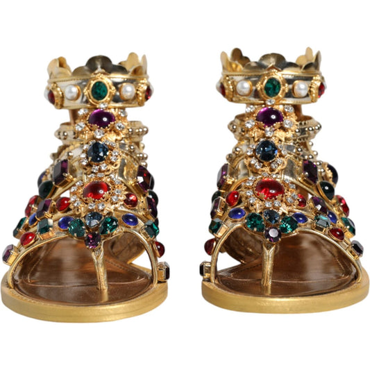 Dolce & Gabbana Gold Leather Crystal Gladiator Sandals Flats Shoes Dolce & Gabbana Sienna