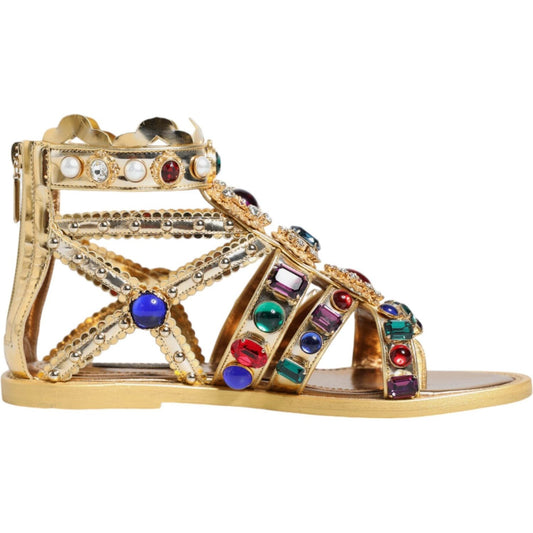 Dolce & Gabbana Gold Leather Crystal Gladiator Sandals Flats Shoes Dolce & Gabbana Tan
