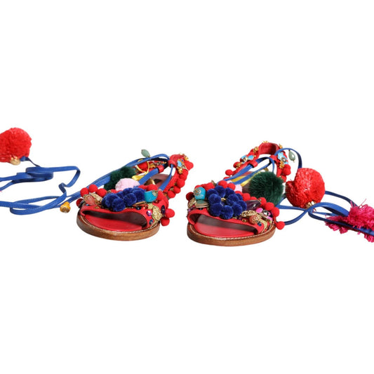 Dolce & Gabbana Multicolor Pom Pom Fur Wrap Sandals Shoes Dolce & Gabbana Maroon