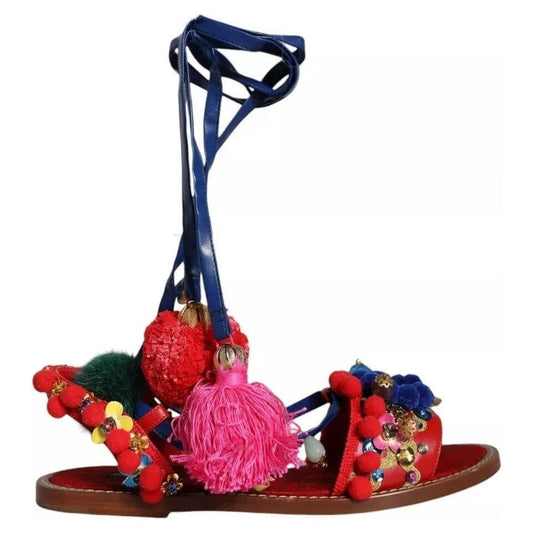 Dolce & Gabbana Multicolor Pom Pom Fur Wrap Sandals Shoes Dolce & Gabbana Dark Slate Gray